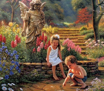 niños y mariposas en el jardín, mascotas, niños Pinturas al óleo
